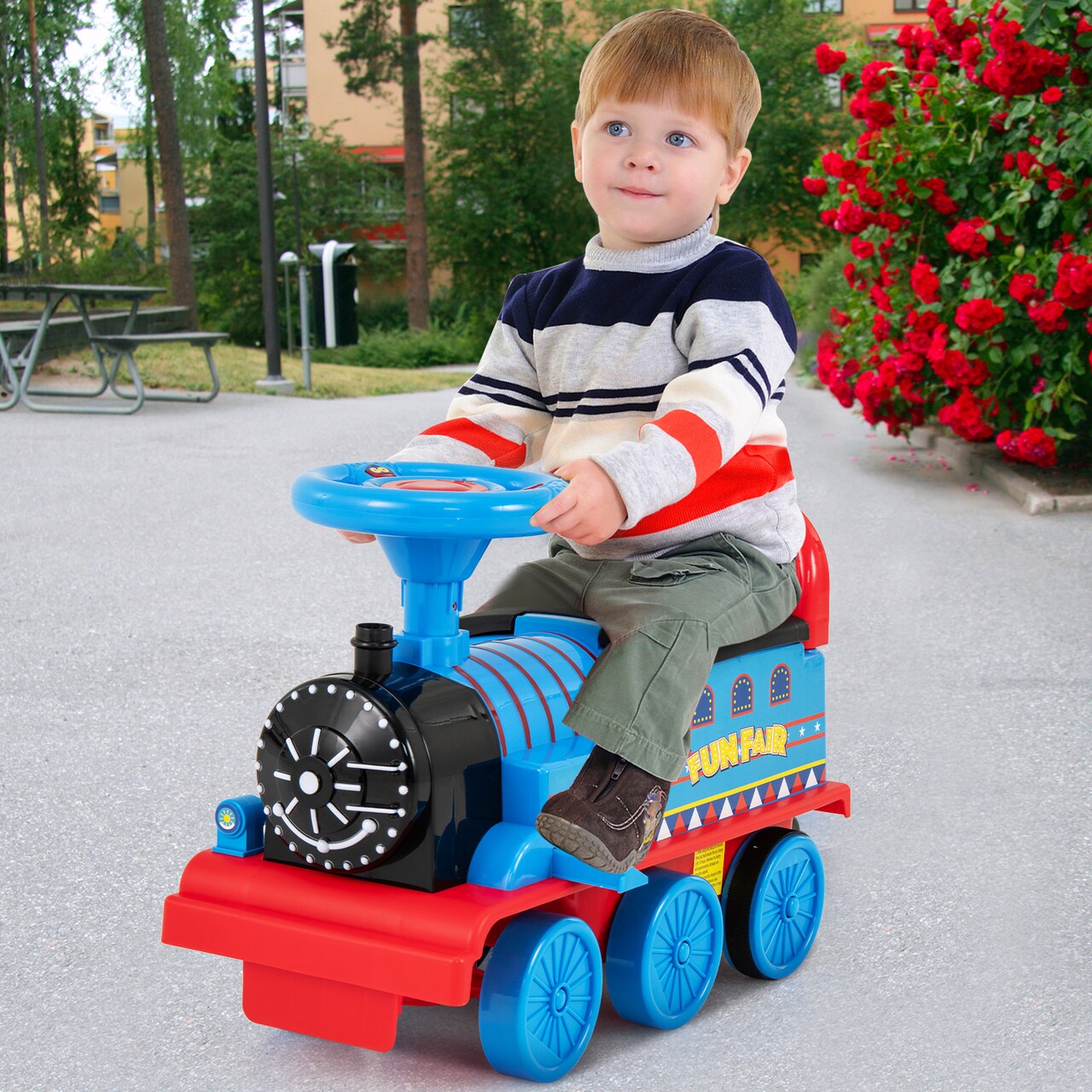 6V Electric Ride On Train for Kids with 16-Piece Tracks and Realistic Sounds